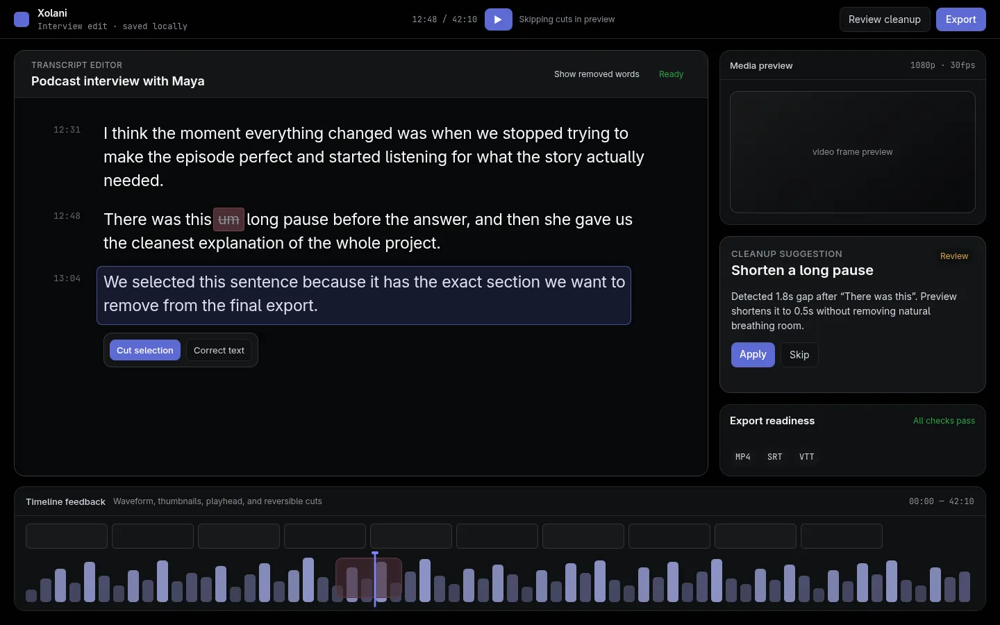 Xolani — transcript-first media editor for spoken-word creators